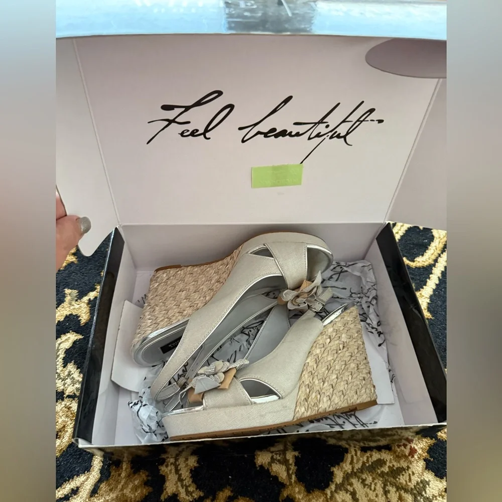 White House Black Market Silver and Tan Wedges